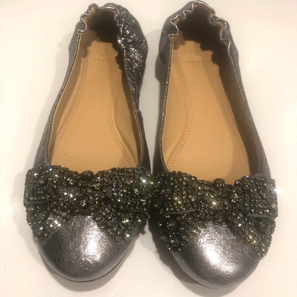 Tory Burch Metallic Azalea Glam jeweled bow flats sz 8